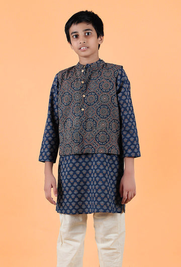 Axel Indigo Ajrakh Print Cotton Nehru Jacket